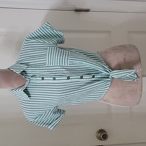 Ten Sixty Sherman Green White Striped Seersucker Button Down Tie Front Blouse